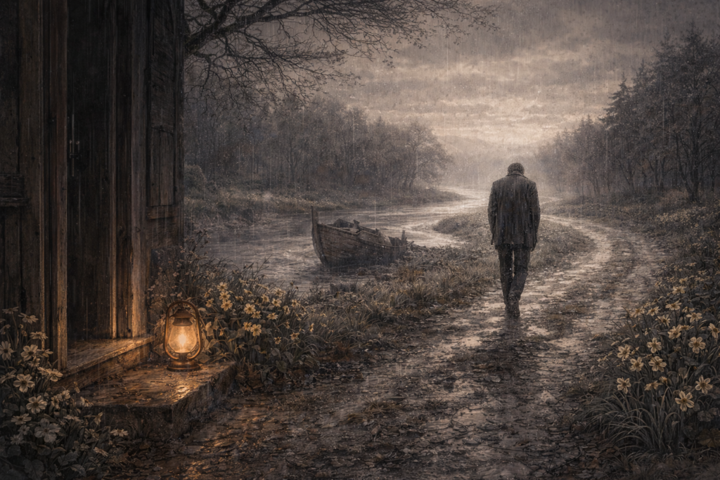 Symbolische Darstellung zu "Youth and Love" aus Songs of Travel von Ralph Vaughan William. Der Wanderer geht aus der offenen Tür am Fluss entlang.