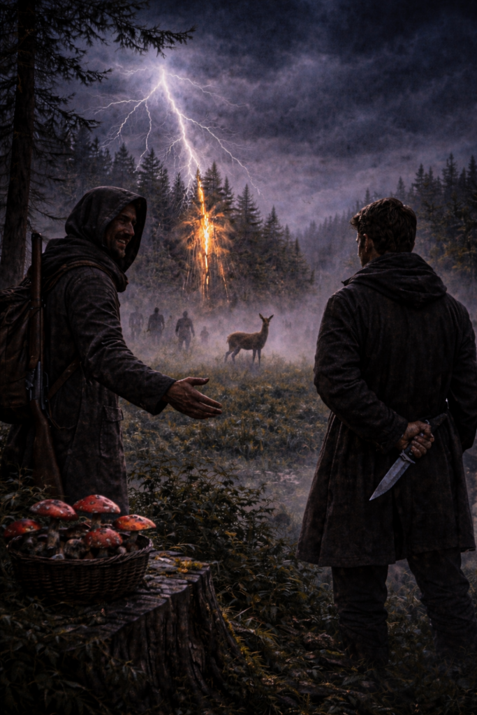 Symbolische Darstellung des Lieds "Zwielicht" aus Liederkreis op. 39 von Robert Schumann. Der Blitz schlägt in den Baum, dunkle Wolken am Himmel, ein Reh steht in der Mitte des Bildes allein auf der Wiese. Im Hintergrund sind Gestalten im Nebel zu sehen. Vorne steht ein Mann mit einem Messer hinter dem Rücken und ein lächelnder Mann will ihm die Hand reichen. Dieser zweite Mann trägt ein Gewehr über der Schulter. Im Vordergrund ein Korb mit schönen Fliegenpilzen.