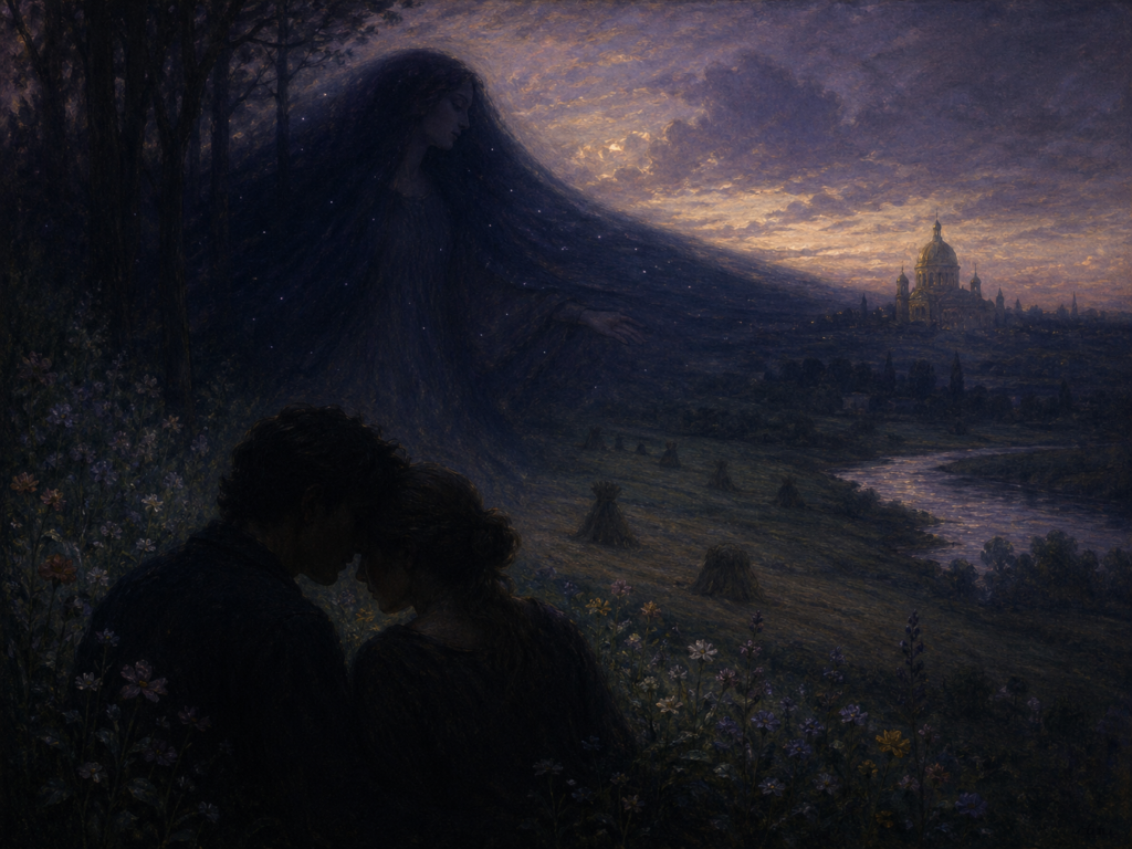 Eine symbolistische Dämmerungslandschaft zeigt die Nacht als dunkle, schleierhafte Gestalt, die aus dem Wald tritt und sich über Felder, Fluss und Himmel legt. Blumen, Garben und Landschaft verlieren ihre Farben; der Fluss schimmert nur noch schwach, und in der Ferne verblasst das Gold eines Doms. Im Vordergrund rücken zwei Menschen eng aneinander, fast nur als Silhouetten sichtbar. Das Bild vermittelt die stille Angst, dass die Nacht nicht nur Licht und Schönheit, sondern auch den geliebten Menschen entreißen könnte.