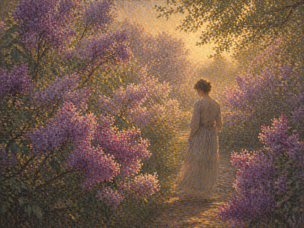 Eine impressionistisch-symbolistische Gartenszene zeigt eine einzelne Frau, die langsam zwischen blühenden Fliederbüschen geht. Violette, rosa und lavendelfarbene Blüten umgeben den schmalen Weg, während warmes Frühlingslicht durch das Laub fällt und weiche Schatten auf den Boden legt. Die Szene wirkt still, duftend und traumhaft und vermittelt das Gefühl eines süßen, friedlichen Frühlingsatmens.