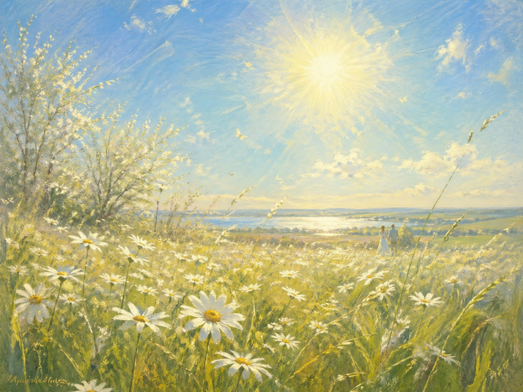 Eine helle impressionistische Frühlingslandschaft zeigt eine weite Wiese voller weißer Margeriten unter einem strahlend blauen Himmel. Die Sonne leuchtet warm über der Landschaft, Gräser und Blüten bewegen sich leicht im jungen Wind. In der Ferne stehen zwei kleine Figuren nah beieinander und blicken über die sonnige Weite. Das Bild vermittelt Liebe, Frühlingsfreude, Leichtigkeit und das Gefühl, dass die ganze Natur durch innere Zuneigung heller erscheint.