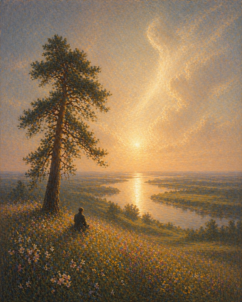 Eine symbolistische Landschaft zeigt eine einzelne, kleine Figur unter einer alten Kiefer auf einer blühenden Wiese. In der Ferne glüht ein breiter Fluss im goldenen Licht, während Wiesen, Bäume und ein weiter Himmel in warmer Stille liegen. Die Szene wirkt menschenleer, friedlich und entrückt. Sie vermittelt das Gefühl von Einsamkeit ohne Schmerz, von Natur, innerer Ruhe und stiller Nähe zu einem kaum sichtbaren Traum.