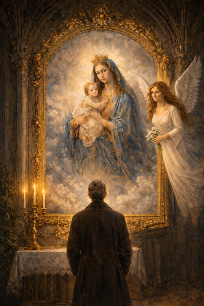 Ein Betrachter schaut auf ein Marienbild mit Jesuskind. In der Luft schwebt ein Engel mit einem der Maria ähnlichen Gesicht. Vor dem Bild steht ein Kerzenleuchter mit drei Kerzen.