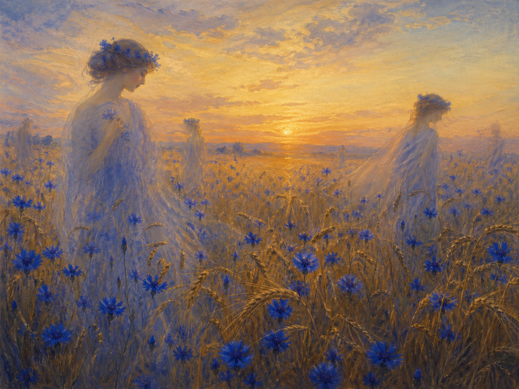 Eine symbolistisch-impressionistische Landschaft zeigt ein goldenes Kornfeld bei Sonnenuntergang, durchzogen von leuchtend blauen Kornblumen. Zwischen den Halmen erscheinen mehrere zarte, fast durchscheinende Frauengestalten in fließenden, hellblauen Gewändern mit Kornblumen im Haar. Das warme Abendlicht taucht Himmel und Feld in Gold, während die stillen Figuren Ruhe, Milde und eine beinahe himmlische Friedlichkeit ausstrahlen.