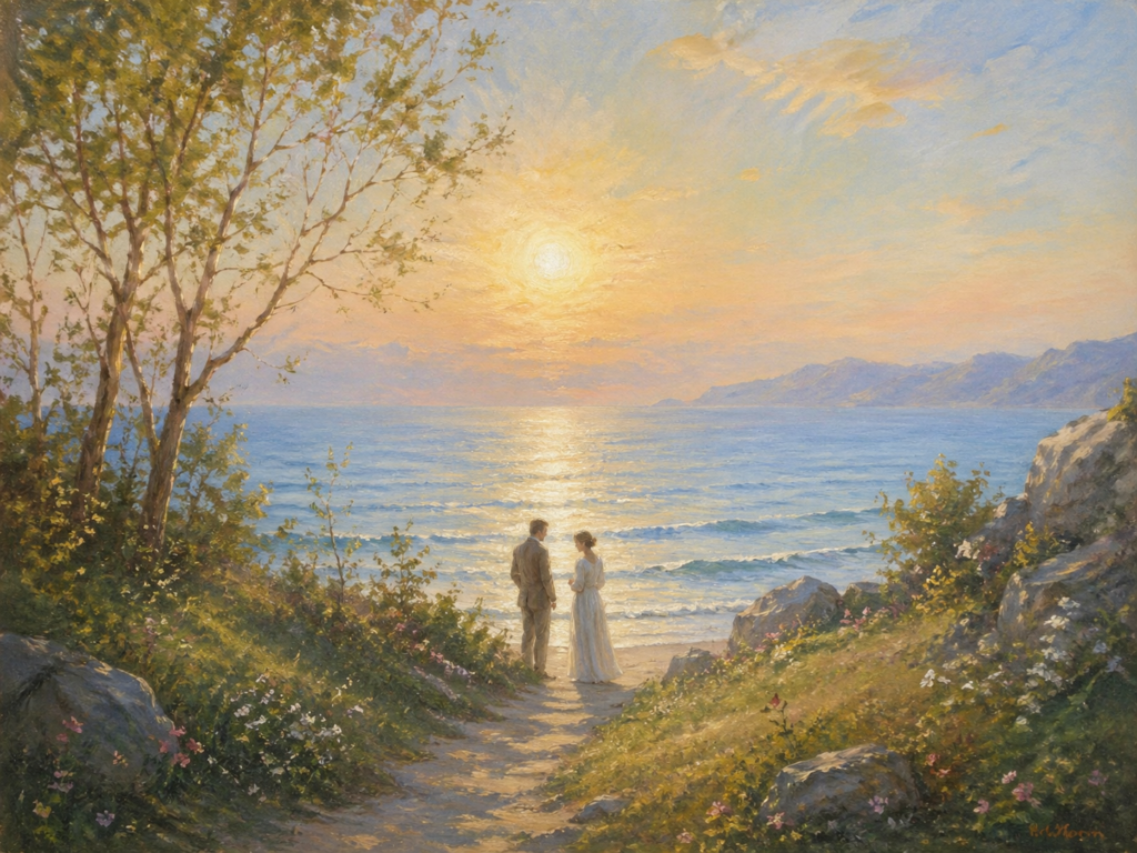 Eine zarte impressionistische Küstenlandschaft zeigt zwei Menschen, die still gemeinsam einen Weg zum Strand hinabgehen. Über dem weiten, blauen Meer geht die Sonne auf und wirft goldenes Licht auf die sanften Wellen. Bäume, Felsen und blühende Pflanzen rahmen den Weg. Die Szene wirkt ruhig, innig und zeitlos und vermittelt das stille Glück zweier Menschen, die einander wortlos nahe sind.