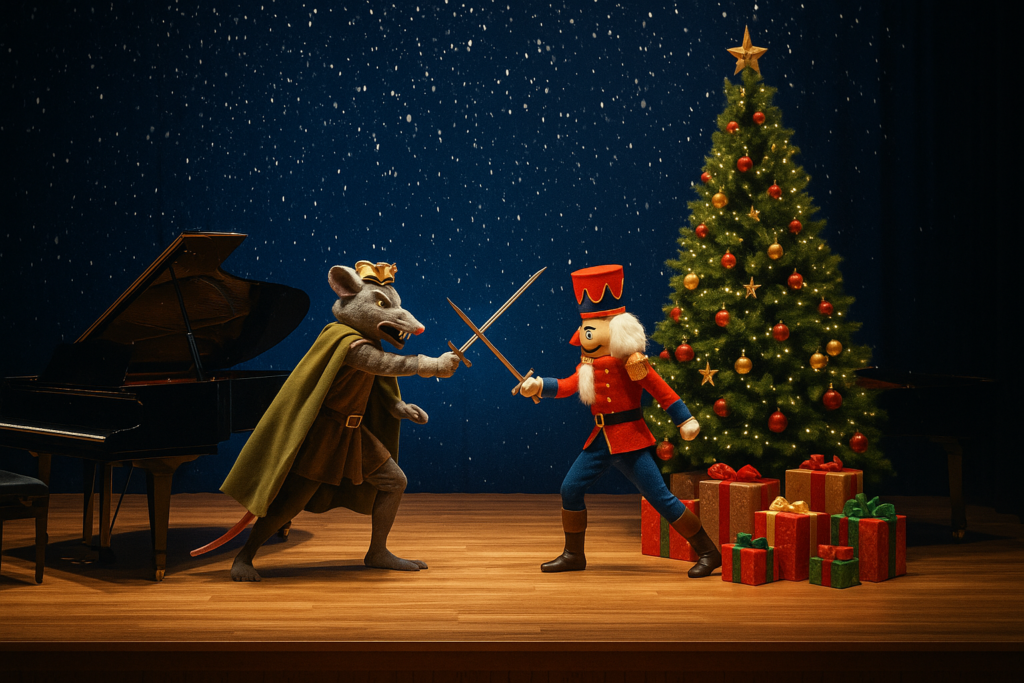 Der Nussknacker und der Mausekönig beim Schwertkampf. Im Hintergrund Weihnachtsbaum und Geschenke.